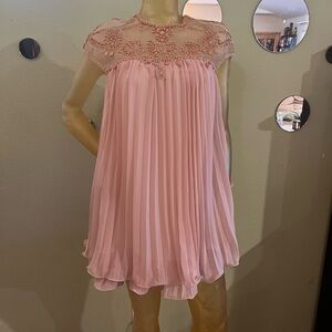 Chicwish Pink Pleated Babydoll Dress With Mesh Beading.